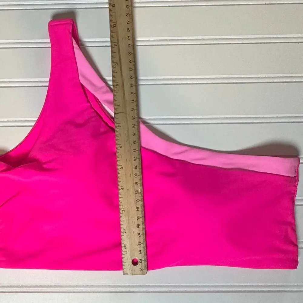 Women Pink Colorblock Bikini Set One Shoulder Cutout 2 Piece L